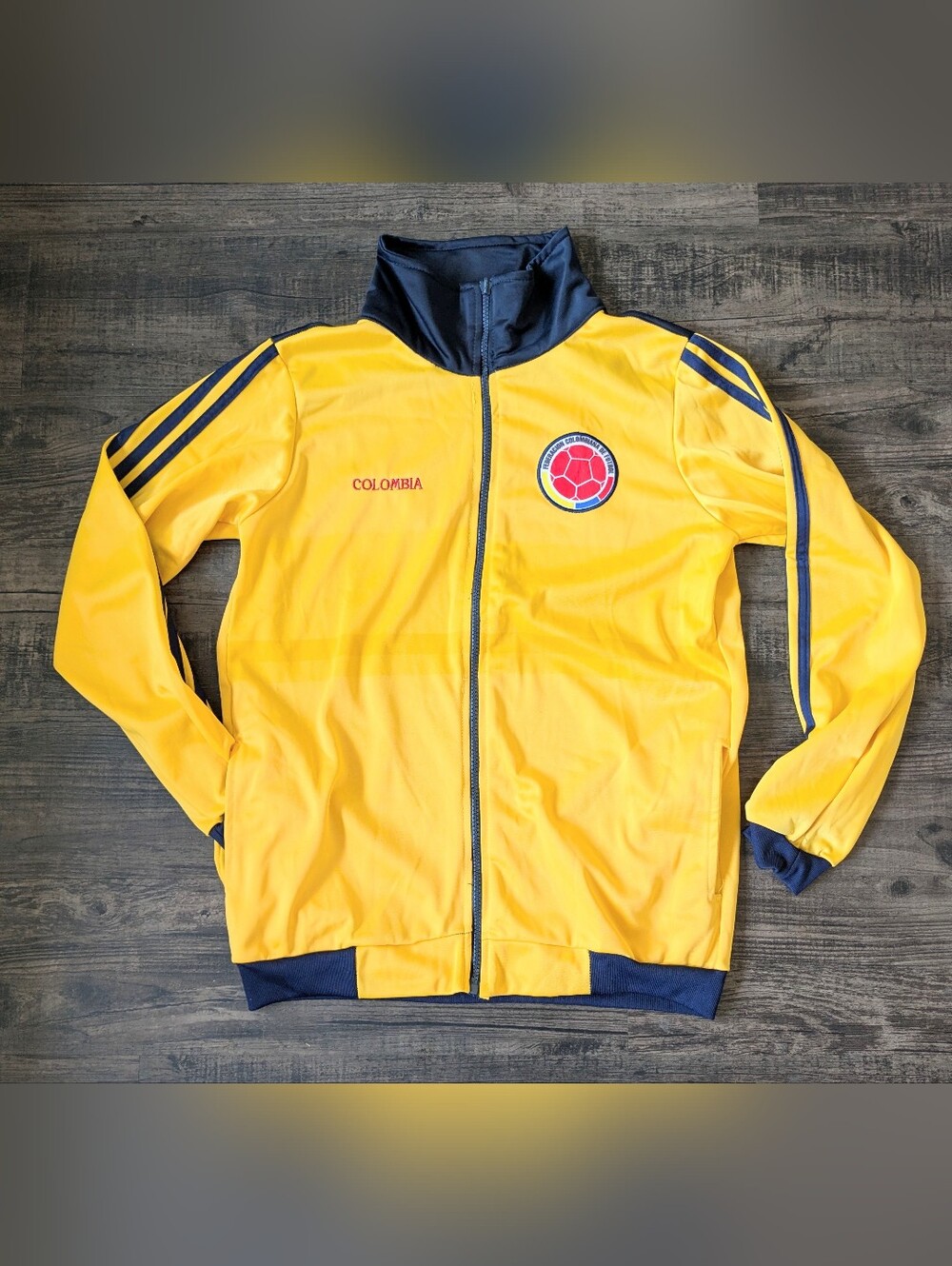 Vintage Colombia Soccer Track Jacket Yellow Navy Slim Fit Size M Retro Footballc